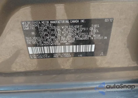 2012 Toyota Rav4 Limited V6 z USA, uszkodzony, nr VIN 2T3DK4DV7CW070149